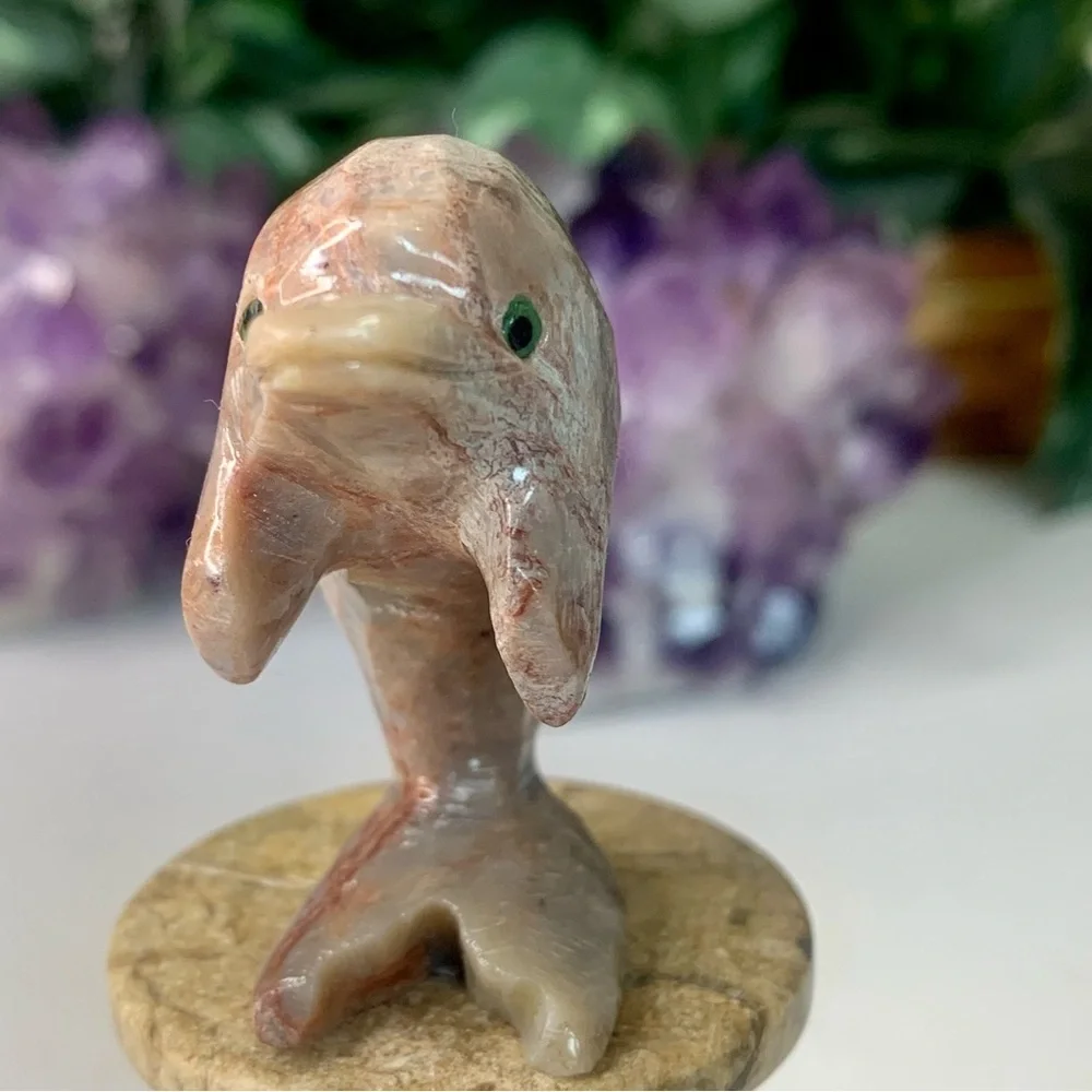 Soapstone Carved Dolphin Figurine Stone Animal Carving Figure Statue 2”